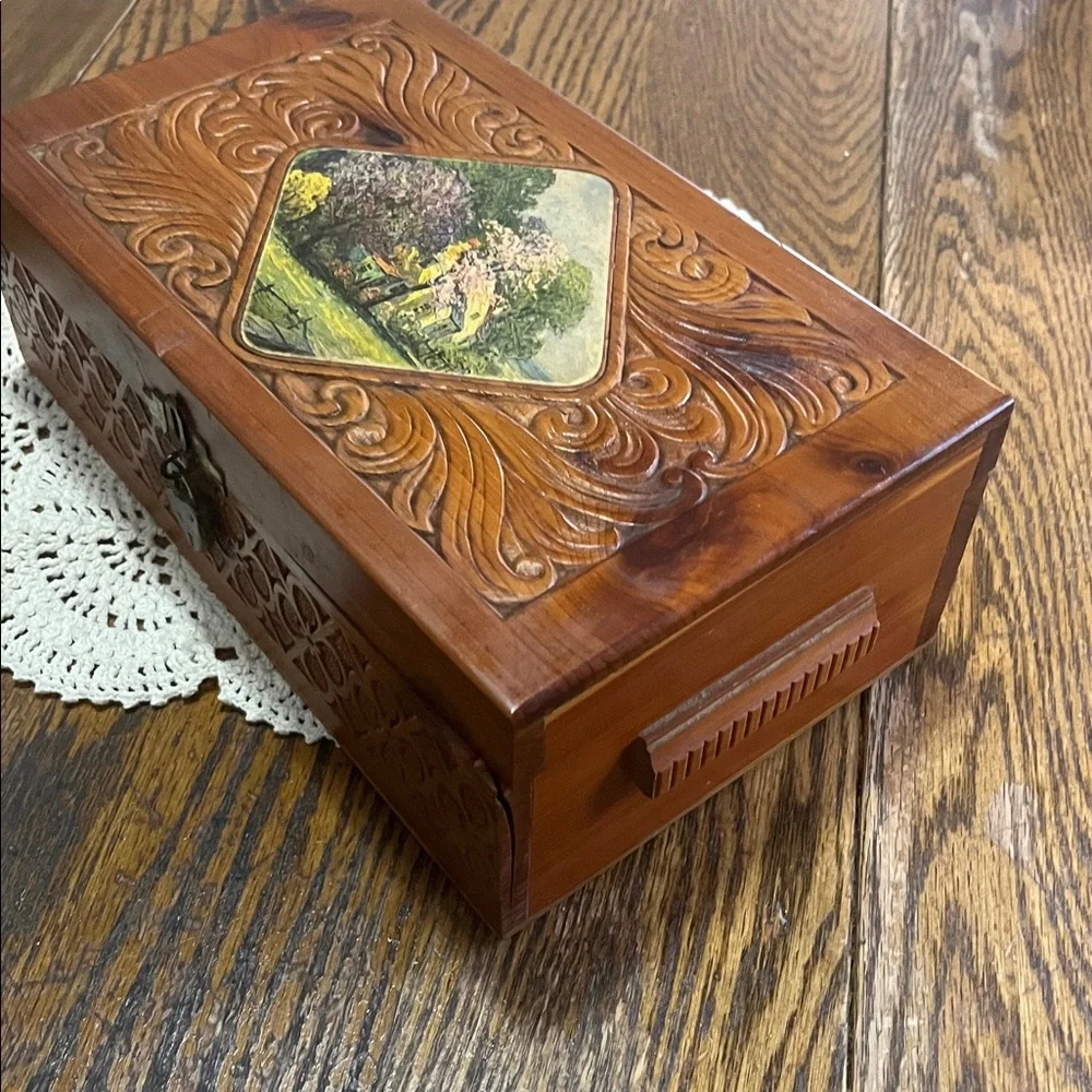 Vintage cedar Carved Wooden Jewelry Box with Painted Cottage Scene - Brown